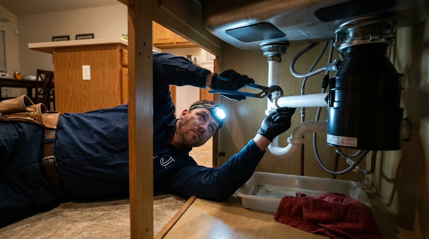 P-trap and supply line connections under a kitchen sink showing a common leak point in Gueydan, LA